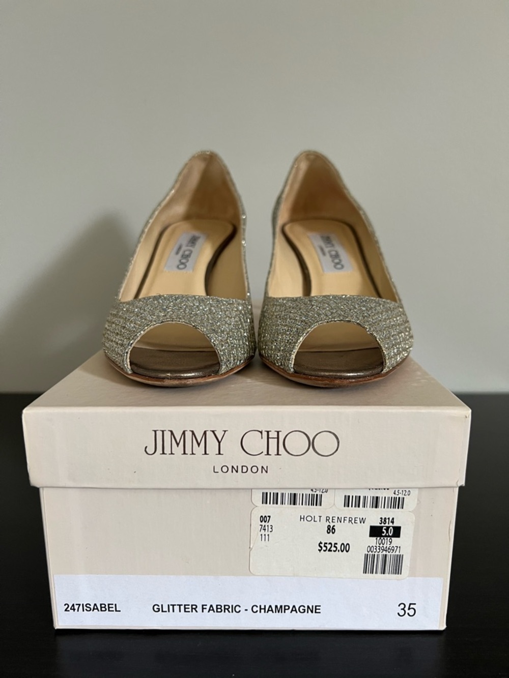 Jimmy Choo Isabel Champagne Glitter Open-Toe 2.5” Pumps Size 5 / 35 - Picture 12 of 16